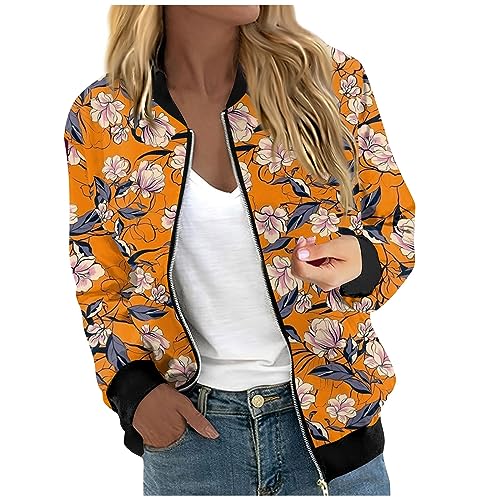 Blouson Jacke Damen Sommer,Blazer Damen,Bomberjacke Damen Blumenmuster Coat Sommer Reißverschluss Jacke Mädchen Sommerjacke Leichte Pilotenjacke Langarm Fliegerjacke,Orange,XL von Generic