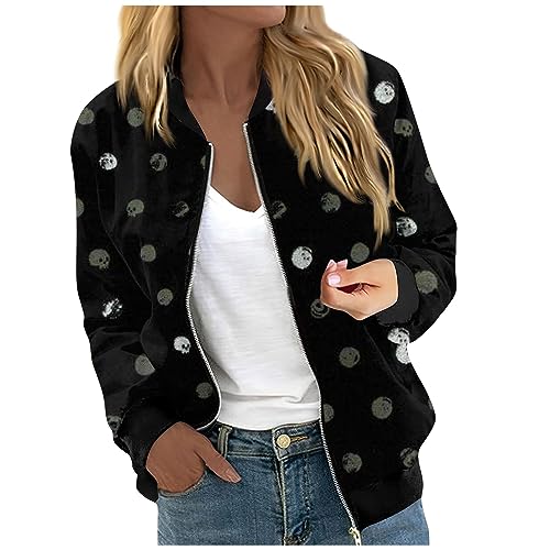 Blouson Jacke Damen Sommer,Damen Jacke Sommer Leicht,Bomberjacke Damen Kurze Blouson Jacke Casual Pilotenjacke Langarm Outwear Zip Up Solid Leichte Coat Bequeme Sweatjacke,Schwarz,XL von Generic