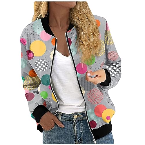 Blouson Jacke Damen Sommer,Damenjacken FrüHjahr Sommer,Bomberjacke Damen Blumenmuster Leichte Sommerjacke Sommer Reißverschluss Kurz Pilotenjacke Dünne Langarm Übergangsjacke College Jacke,grau,M von Generic