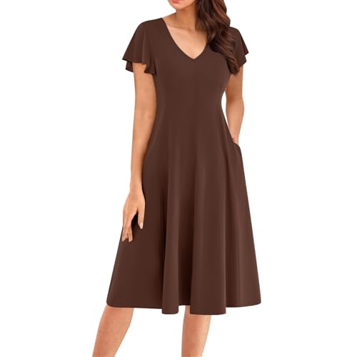 Blumen Kleid, Damen Kleid Knielang Boho Blumenmuster Sommerkleid Kurzarm A-Linie Freizeitkleid V-Ausschnitt Lose Strandkleid Elegant Kleider mit Seitentaschen B Brown L von Generic