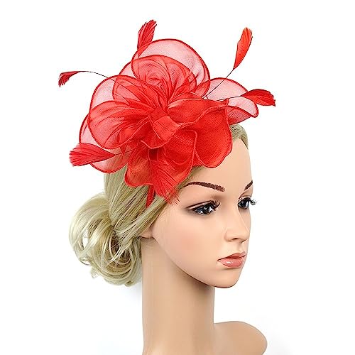 Blumen-Mesh-Stirnband, Fascinator, Hüte, Kopfbedeckung, Cocktail, Teeparty, Feder, Blumen-Stirnband (Color : Red, Size : ONE SIZE) von Generic