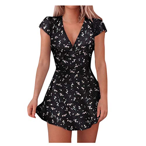 Blumenkleid Damen Festlich - Minikleid Damen Sexy Eng Sehr Kurz Kleid V-Ausschnitt Wickelkleid Sehr Kurz Sommerkleid Curvy Skaterkleid Kurzarm Strandkleid Cocktailkleid Vintage Abendkleid-Ballkleid von Generic