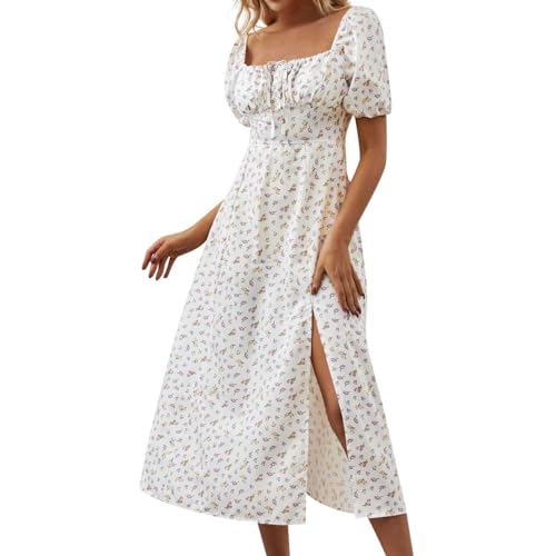 Blumenkleid Damen Lang, Sommerkleid Damen Lang Blumen Kleid mit Schlitz Kurzarm Hohe Taille Geblümt Kleider Elegant Quadratischer Ausschnitt Strandkleid Luftig A Linie Dress M B White von Generic