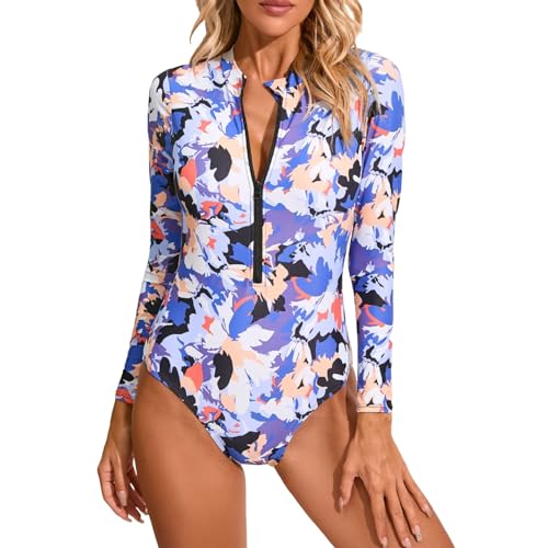 Blumenmuster Bademode Damen Rash Guard Langarm-Badeanzug Frauen Rundhals UV-Schutz Sommer Badeshirts Mit Reißverschluss Schnell Einteilige Trocknender Surftop Guard Schwimmanzug Wasser Strand Surfen von Generic