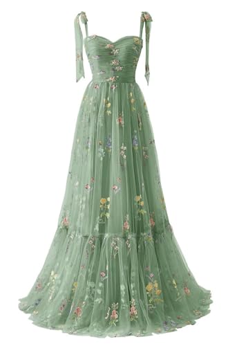 Blumenstickerei-TüLl-Abschlussballkleider FüR Frauen,Korsett,Langer SpaghettiträGer,Feenhaft,GerüScht,Formelles Abend-Partykleid B-Green 8 von Generic