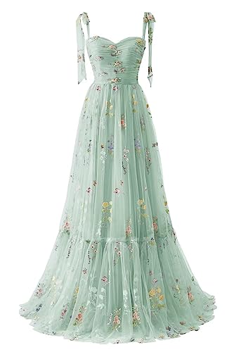 Blumenstickerei-TüLl-Abschlussballkleider FüR Frauen,Korsett,Langer SpaghettiträGer,Feenhaft,GerüScht,Formelles Abend-Partykleid B-Mint Green 10 von Generic