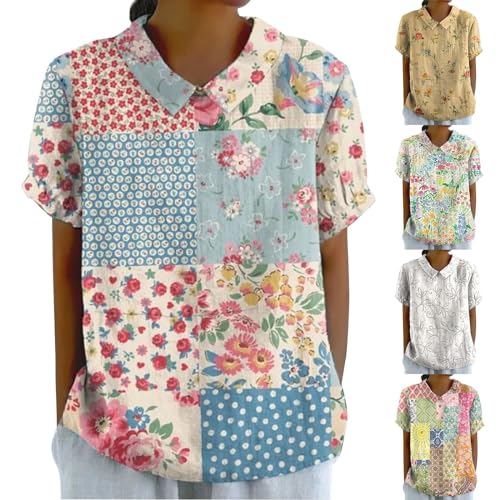 Bluse Damen, Bluse Damen Sommer Lockere Kurzarm Revers Tshirt Hemden Blumen Drucken Shirts Poloshirt Leicht Casual Lose Blusenshirt Oberteile Damen Sommer Oversized T Shirt Blusentops Tops von Generic