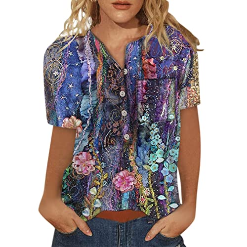 Bluse Damen,Sportshirt Damen Damen Tshirt Blumen Tops Für Frauen Button Down Mode Lässige Kurzarm Hemdenbluse T-Shirt T Shirt Frauen Damen Sommer Big Bekleidung Damen(Violett,M) von Generic