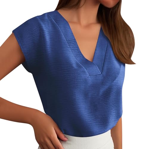 Bluse Damen Ärmellose V-Ausschnitt Tops Elegante Oberteile Sommer Casual Cap Sleeve T Shirts Locker Einfarbi Blusen Sommerblusen Damen Leicht und Luftig Sport Oberteil Top von Generic