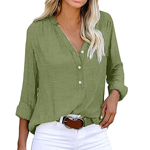 Bluse Damen Baumwolle Hemdbluse mit Stehkragen Hemd Bluse Casual Büroblusen Lässiges Hemd V-Ausschnitt Langarm Elegant Blusenshirt Lange Ärmel Lässige Oberteile Lose Shirts von Generic
