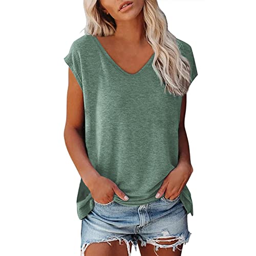 Bluse Damen Elegant Ärmellose T-Shirt V Ausschnitt Crop Tops Shirt Mädchen Weiß Oberteile Frauen Schwarz Kleidung Frau Grau Sommer Tshirt Lässig Klamotten Teenager Locker Passform Blusen (001-Grün, S) von Generic
