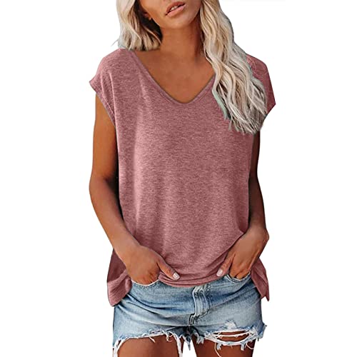Bluse Damen Elegant Ärmellose T-Shirt V Ausschnitt Crop Tops Shirt Mädchen Weiß Oberteile Frauen Schwarz Kleidung Frau Grau Sommer Tshirt Lässig Klamotten Teenager Locker Passform Blusen (Pink-A, M) von Generic