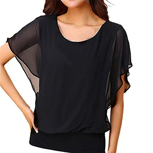 Bluse Damen Elegant Kurzarm Chiffon Rundhals Shirt Casual Tops Einfarbig Oberteile mit Fledermausärmel Kurzarm Sommer Tunika Tops von Generic