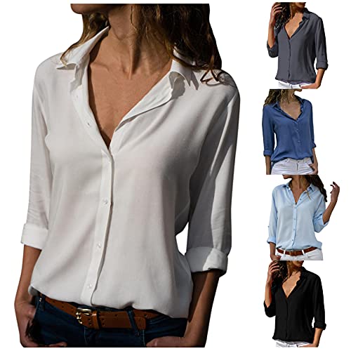Bluse Damen Elegant Langarm Große Größen - Casual Bluse Button-Down Shirts Bügelleichtes V-Kragen Tops Weiße Bluse Oberteil Hemd Festlich Shirts von Generic