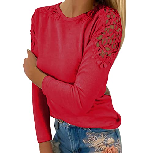 Bluse Damen Elegant Spitzenärmel Langarmshirt Sommer Einfarbig Tshirt Spitzennähte Kurzarm T-Shirt Große Größen Rundhals Pullover Spitze Aushöhlen Tunika Tops Farbverlauf Oberteile von Generic