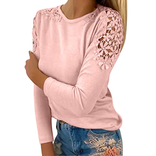 Bluse Damen Elegant Spitzenärmel Langarmshirt Sommer Einfarbig Tshirt Spitzennähte Kurzarm T-Shirt Große Größen Rundhals Pullover Spitze Aushöhlen Tunika Tops Farbverlauf Oberteile von Generic