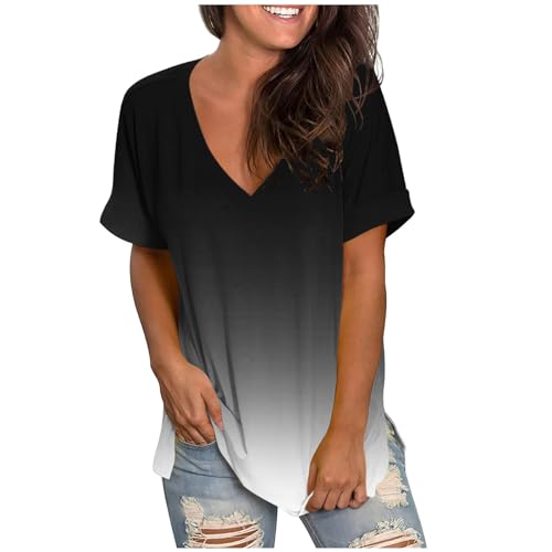 Bluse Damen Farbverlauf V-Ausschnitt Lockere Oberteile Sommer Kurzarm Shirt Lang Dünne Tunika Große Größen T-Shirt Atmungsaktive Tops Lässige Pullover Longshirt Blusen & Tuniken für Damen von Generic