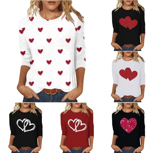 Bluse Damen Festliche Oberteile T Shirt 3/4 Ärmel Pullover Herz Drucken Blusen Langarmshirt Rundhals Longshirt Elegant Hemd Mädchen Kleidung Frauen Bluseshirt Valentinstag Tunika Top (001 Weiß, S) von Generic