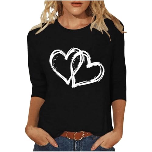 Bluse Damen Festliche Oberteile T Shirt 3/4 Ärmel Pullover Herz Drucken Blusen Langarmshirt Rundhals Longshirt Elegant Hemd Mädchen Kleidung Frauen Bluseshirt Valentinstag Tunika Top (01 Schwarz, 3XL) von Generic