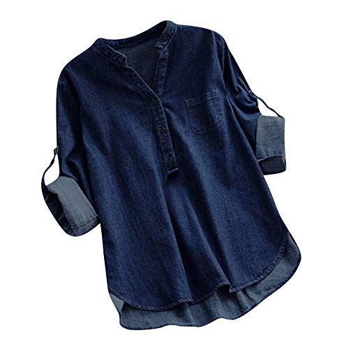 Bluse Damen Jeansbluse Langarm Bluse Shirt Henley Langarmshirt V-Ausschnitt 3/4 Arm Oberteile Tshirt Elegant Jeanshemd Casual Denim Blusenshirt Lang Hemd Tops (Dark Blue, L) von Generic
