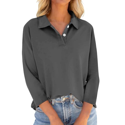 Bluse Damen Kleid Festlich Basic 3/4 Arm Poloshirt Elegant Fall Fall Langarmshirt Kragen Polo Shirt Office Langarm Business Outfit T-Shirts Für Damen Oberteil Trachten (1-Dunkel Grau,XL) von Generic