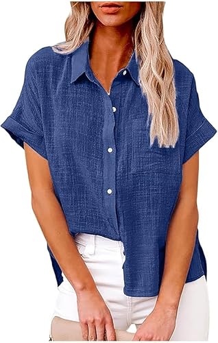Bluse Damen Kurzarm Musselin Hemdbluse Button-Down Baumwoll Leinenbluse Sommer Locker Lässig Bluse Hemd Einfarbig Elegante V-Ausschnitt Blusenshirt Langarmshirt Elegant Bluse Tunika von Generic