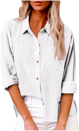Bluse Damen Kurzarm Musselin Hemdbluse Button-Down Baumwoll Leinenbluse Sommer Locker Lässig Bluse Hemd Einfarbig Elegante V-Ausschnitt Blusenshirt Langarmshirt Elegant Bluse Tunika von Generic
