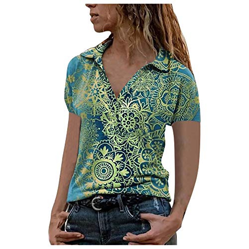 Bluse Damen Kurzarm Poloshirt - T Shirt Damen V Ausschnitt Revers Sommer Oberteile mit Vintage Blumen Drucken Hawaiihemd Casual Stilvolle Tops Hemdbluse Blusenshirt T-Shirts & Blusen für Frauen von Generic