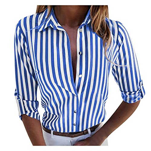 Bluse Damen Langarm Streifen Oberteile Button Down Casual Langarmshirt Tops Lose Baumwolle Tunika Hemd von Generic