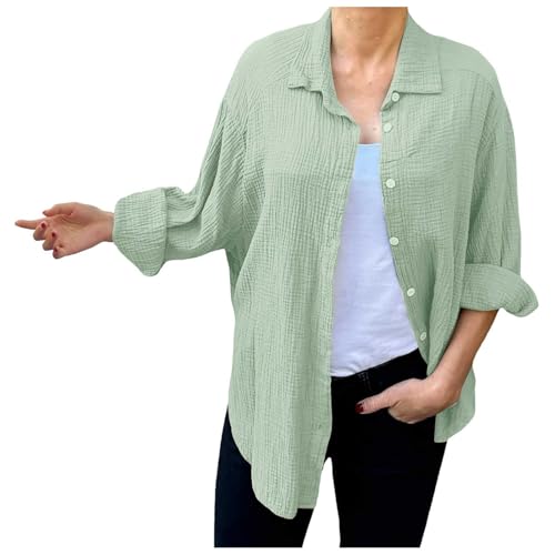 Bluse Damen Musselin Langarmshirt Button Baumwolle Mit Langen Ärmeln Und Revers Lässig Oberteile Hemd Einfarbig Tops Hemdjacke von Generic