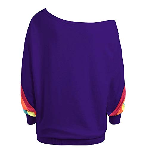 Bluse Damen One Shouleder Sweatshirt Gestreift Regenbogen Pullover, Langarm Rundhals Pulli Off Shoulder Shirts Oberteile Tops von Generic