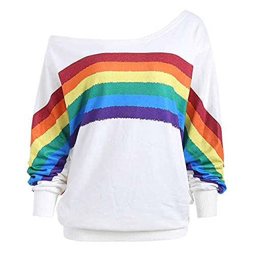 Bluse Damen One Shouleder Sweatshirt Gestreift Regenbogen Pullover, Langarm Rundhals Pulli Off Shoulder Shirts Oberteile Tops von Generic