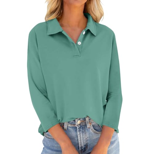 Bluse Damen Party Outfit Basic 3/4 Arm Poloshirt Elegant Fall Fall Langarmshirt Kragen Polo Shirt Office Langarm Business Oberteile Damen Fall Sport Tshirt Langarmshirt (1-Grün,XXL) von Generic
