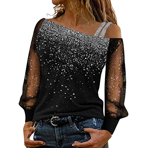 Bluse Damen Sexy Schulterfrei Paillette T Shirt Elegant Langarm Glitzer Spitze Tunika Tops Oberteile Aesthetic Mädchen Langarmshirt Hemdbluse Outfit Streetwear für Frühling Sommer von Generic