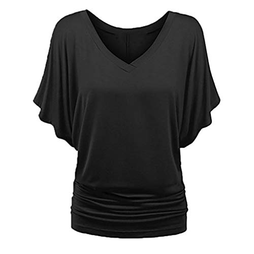 Bluse Damen Shirt Fledermaus V-Ausschnitt Blusenshirt Ruffles Kurzarm Bluse Tunika Übergröße Elegant Oberteile Locker Lässig Tops (Black, L) von Generic