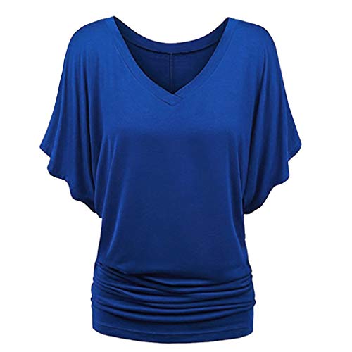 Bluse Damen Shirt Fledermaus V-Ausschnitt Blusenshirt Ruffles Kurzarm Bluse Tunika Übergröße Elegant Oberteile Locker Lässig Tops (Blue, M) von Generic