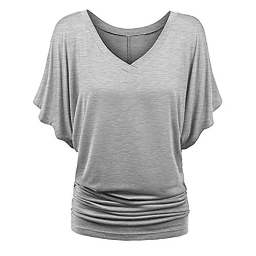 Bluse Damen Shirt Fledermaus V-Ausschnitt Blusenshirt Ruffles Kurzarm Bluse Tunika Übergröße Elegant Oberteile Locker Lässig Tops (Grey, L) von Generic