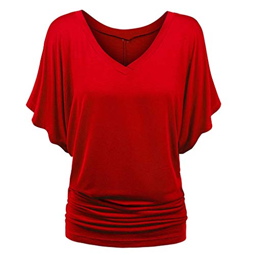 Bluse Damen Shirt Fledermaus V-Ausschnitt Blusenshirt Ruffles Kurzarm Bluse Tunika Übergröße Elegant Oberteile Locker Lässig Tops (Red, XL) von Generic