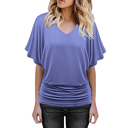 Bluse Damen Shirt Fledermaus V-Ausschnitt Blusenshirt Ruffles Kurzarm Bluse Tunika Übergröße Elegant Oberteile Locker Lässig Tops Lila von Generic