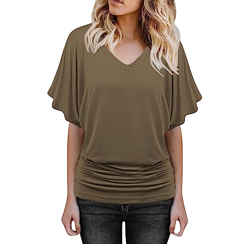 Bluse Damen Shirt Fledermaus V-Ausschnitt Blusenshirt Ruffles Kurzarm Bluse Tunika Übergröße Elegant Oberteile Locker Lässig Tops von Generic