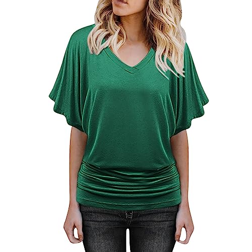 Bluse Damen Shirt Fledermaus V-Ausschnitt Blusenshirt Ruffles Kurzarm Bluse Tunika Übergröße Elegant Oberteile Locker Lässig Tops von Generic