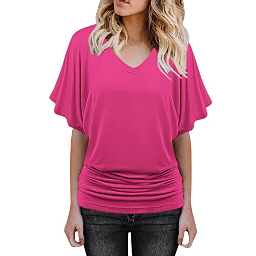 Bluse Damen Shirt Fledermaus V-Ausschnitt Blusenshirt Ruffles Kurzarm Bluse Tunika Übergröße Elegant Oberteile Locker Lässig Tops von Generic