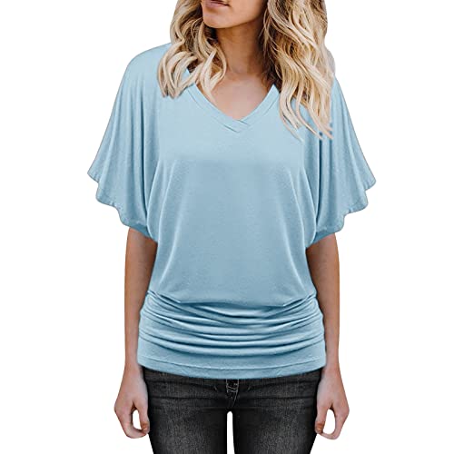 Bluse Damen Shirt Fledermaus V-Ausschnitt Blusenshirt Ruffles Kurzarm Bluse Tunika Übergröße Elegant Oberteile Locker Lässig Tops von Generic