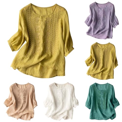 Bluse Damen Sommer Leinenbluse V-Ausschnitt Leinenhemd Baumwolle Und Leinen Langarmshirts Bestickte Hemden Halbarm Freizeitoberteile Vintage Boho Tops Oversized von Generic
