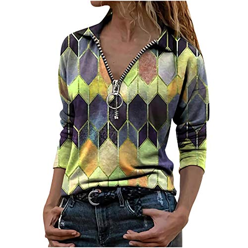 Bluse Damen Sweatshirts Pullover Printed Revers Blusen Frauen Langarmshirt mit Reißverschluss Rautenmuster Shirts Frühjahr Sommer Hemd Oberteile XXL von Generic