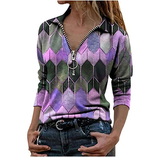 Bluse Damen Sweatshirts Pullover Printed Revers Blusen Frauen Langarmshirt mit Reißverschluss Rautenmuster Shirts Frühjahr Sommer Hemd Oberteile von Generic