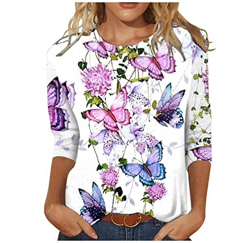 Bluse Damen T-Shirt 3/4 Arm Oberteile Tops Bunte Blumenmuster Druck Tunika Shirt Lose Rundhals Sommershirts Mode Damenblusen Langarm Blumen Bluse Tshirt (Rosa, L) von Generic