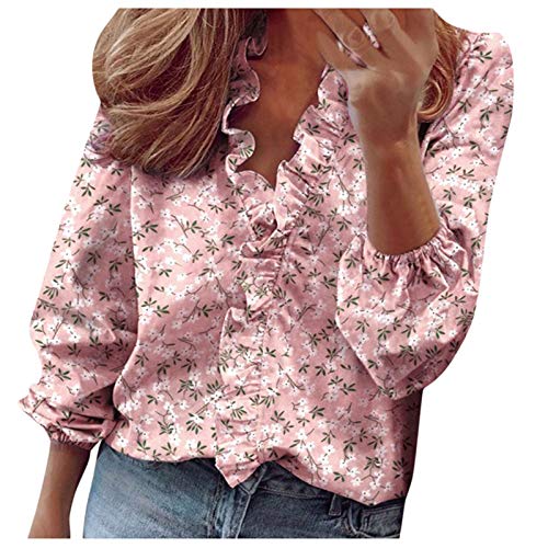 Bluse Damen Tshirt Damen Sommer Langarm Blusen T-Shirt Loose Oversize Shirt Einfarbig Casual Vintage 3D Bedruckt Asymmetrisch Oberteile Top mit Motiv Rüschen V-Ausschnitt Blumendruck T Shirt von Generic