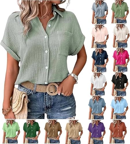 Bluse Damen elegant Kurzarm Sommer Tunika Leinenbluse Musselin Hemd Bluse Button-Down Leinenhemd Oberteile Oversized Hemdbluse Freizeit Tshirt Teenager Mädchen Frauen V-Ausschnitt Leinen Top von Generic