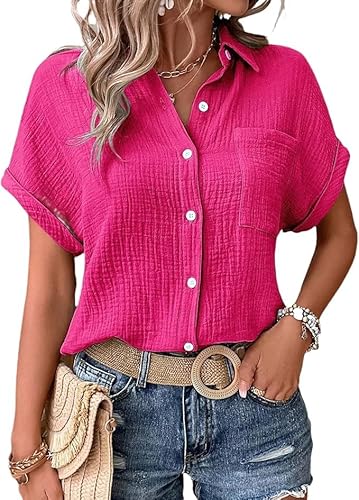 Bluse Damen elegant Kurzarm Sommer Tunika Leinenbluse Musselin Hemd Bluse Button-Down Leinenhemd Oberteile Oversized Hemdbluse Freizeit Tshirt Teenager Mädchen Frauen V-Ausschnitt Leinen Top von Generic